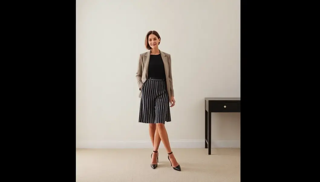 A petite woman utilizing high-waisted and fitted clothing to enhance her height.