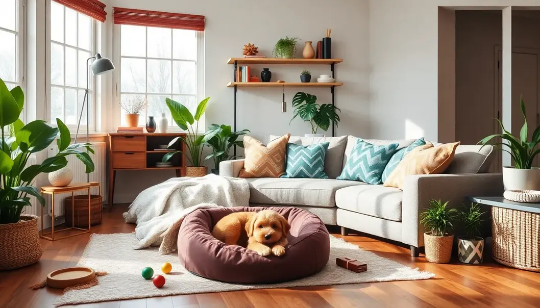 Home interior with pet-friendly elements like a pet bed and toys.