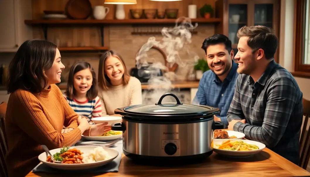 Family gathered around a table with slow cooker meals, sharing smiles.