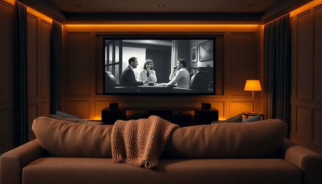 A room with a large screen showing a black-and-white classic film, bathed in warm lighting and a cozy sofa inviting relaxation.