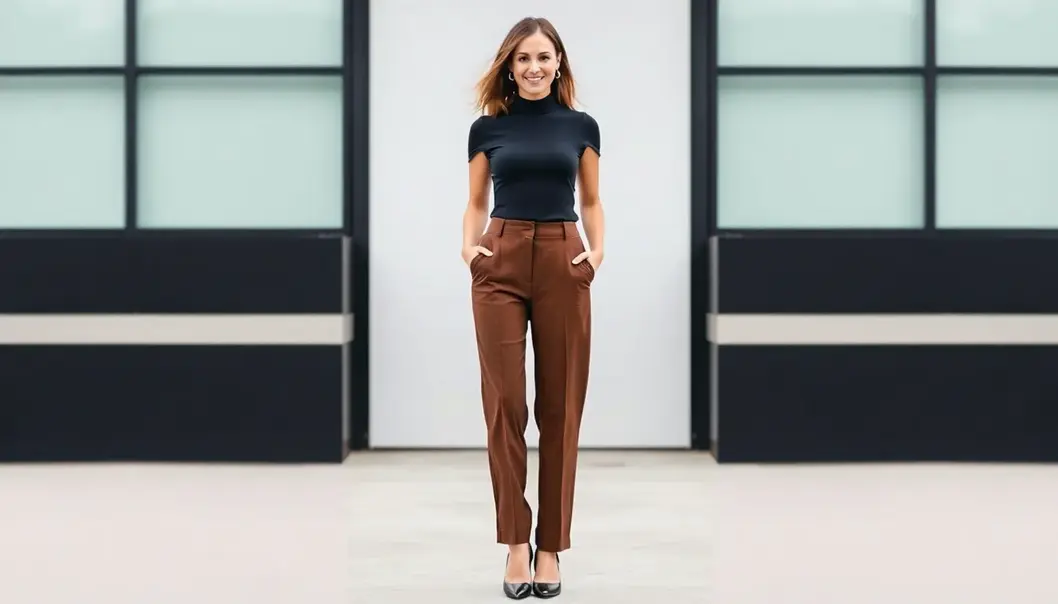 A petite woman utilizing high-waisted and fitted clothing to enhance her height.