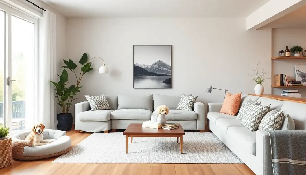 A living room designed with pet safety and comfort in mind.