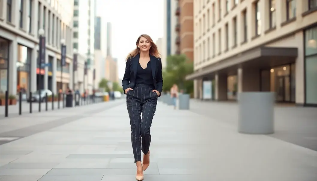A petite woman in a city setting, styled for added height with elegance.