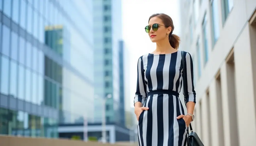 A petite woman wearing a vertically striped dress that elongates her figure.