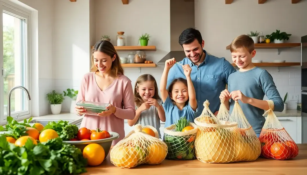 A family embraces zero-waste practices in their bright kitchen.