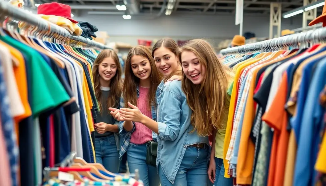 Teens having fun thrifting for eco-friendly fashion.