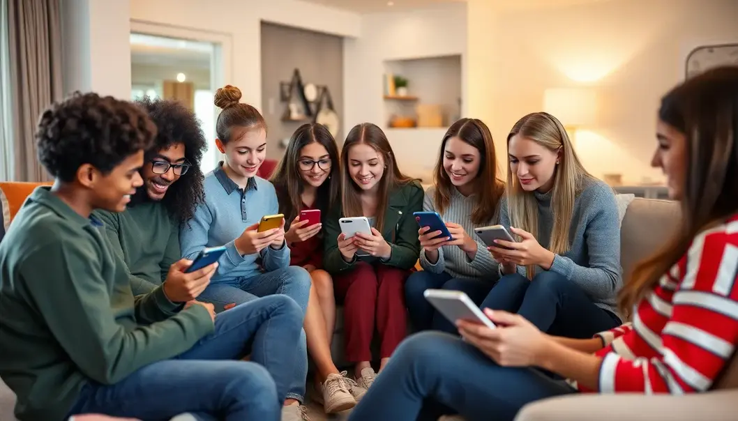 Several teenagers sitting in a modern living room, using smartphones and tablets to access on-demand services.