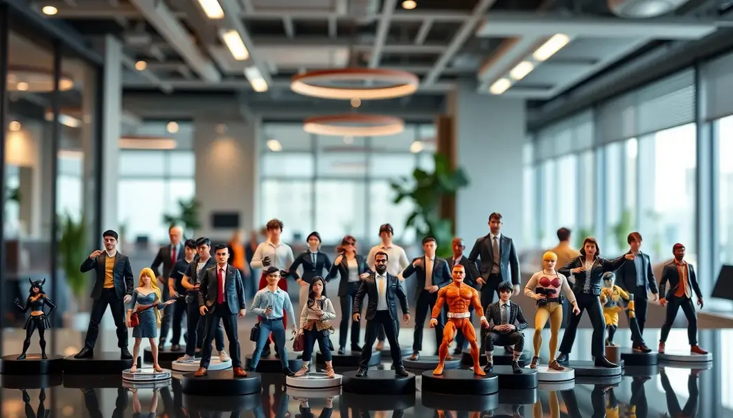 A collection of trending collectible figures in an office environment.