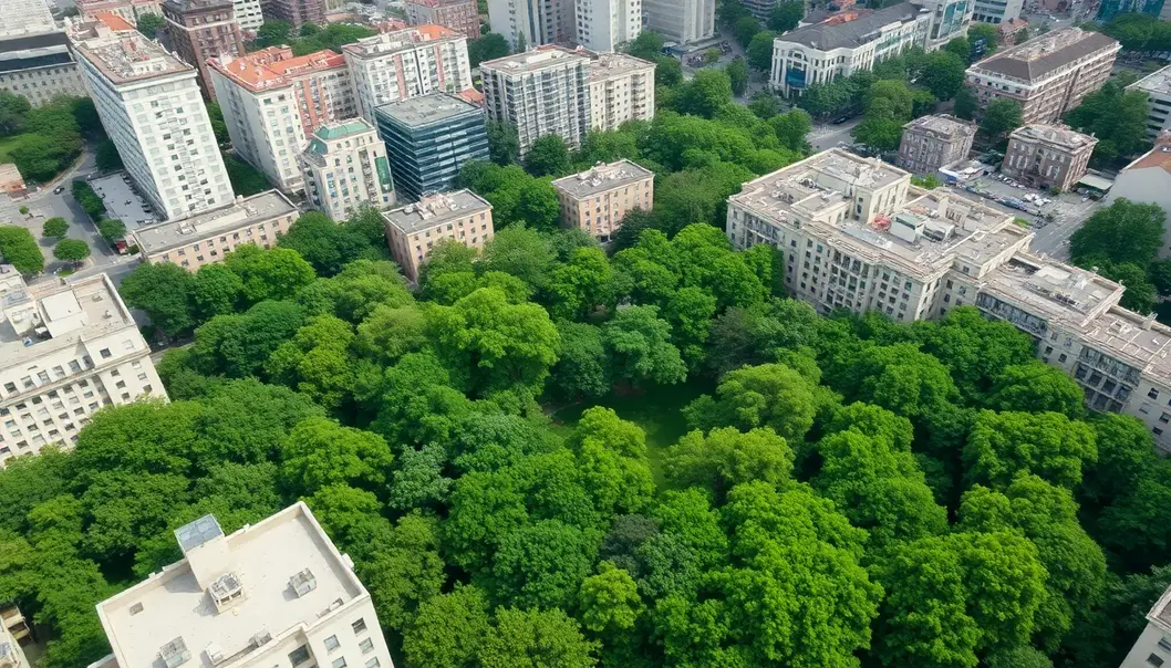 Aerial view of a city park with trees, surrounded by urban buildings.