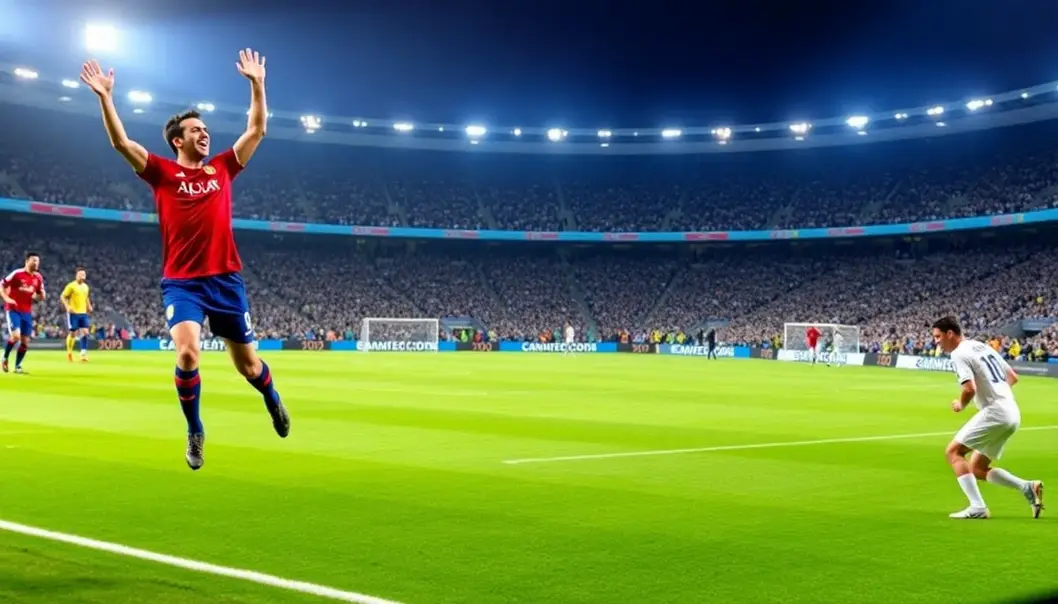 A collage of epic World Cup scenes including goals and player celebrations.