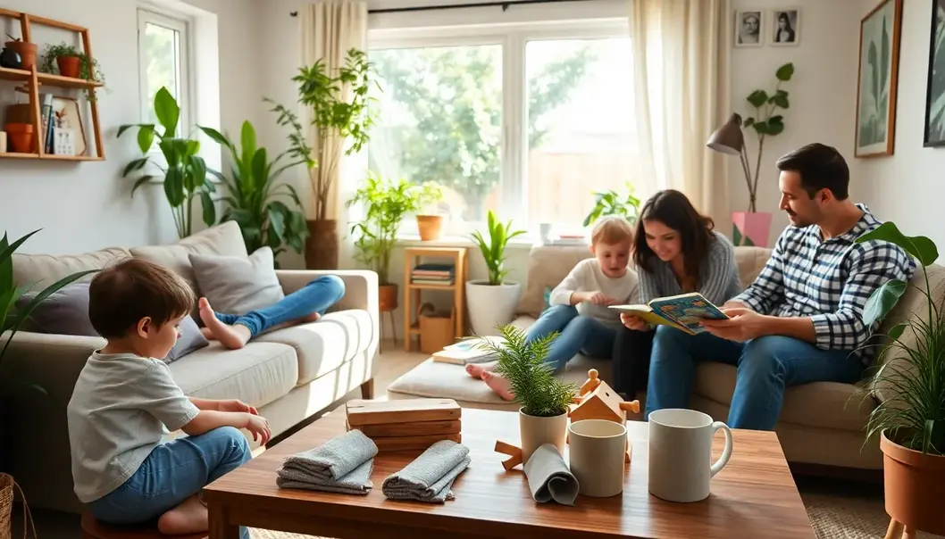 Family in a living room participating in sustainable practices like using wooden toys and reusable dishes.